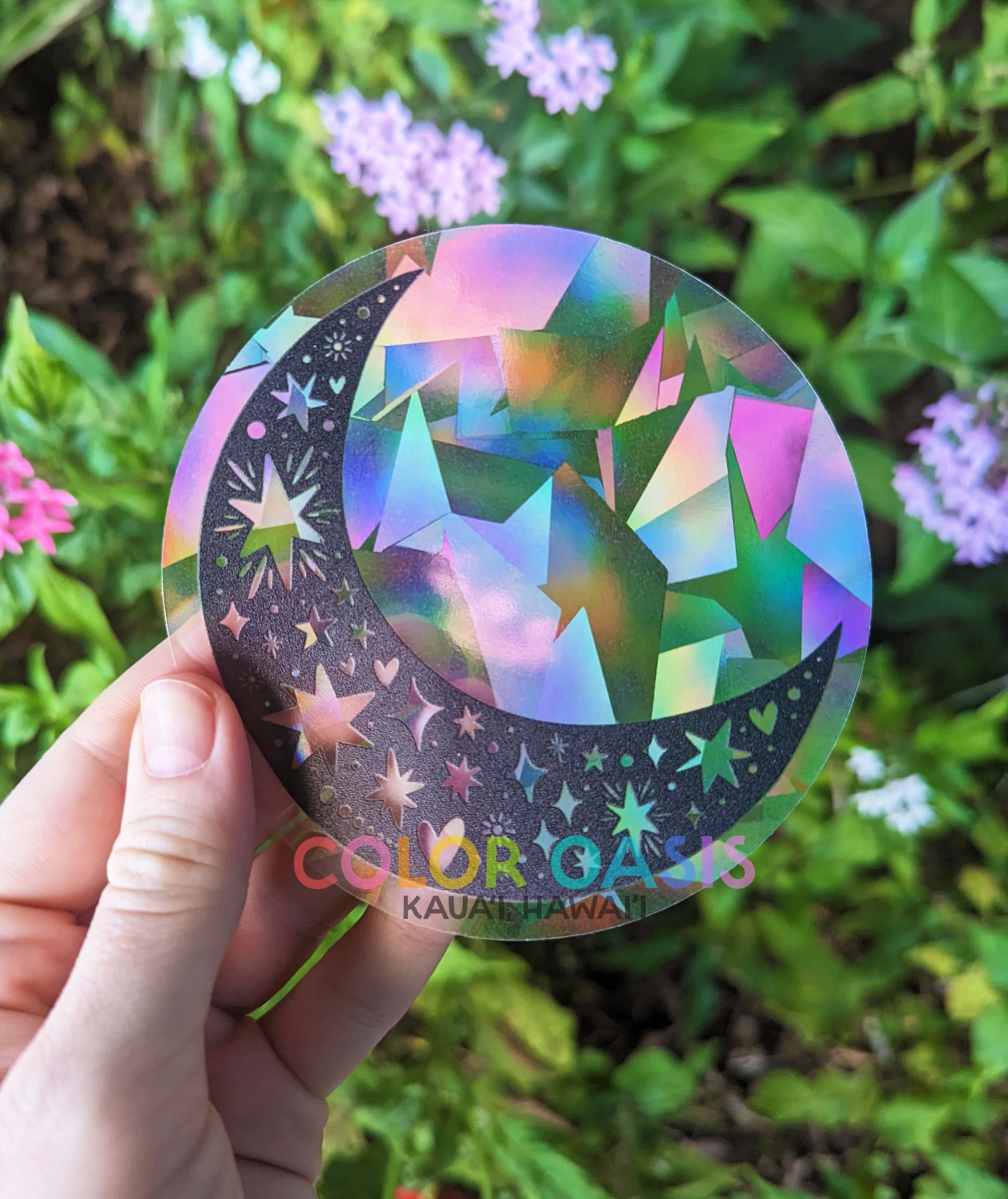 Celestial Moon + Stars Rainbow Suncatcher Sticker – Color Oasis Hawaii