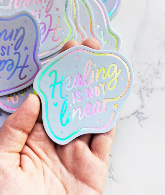 "Healing is not Linear" White Holographic Vinyl Sticker