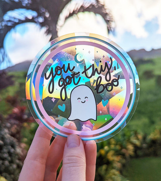 "You got this, boo" Cute Little Ghost Rainbow Suncatcher Sticker