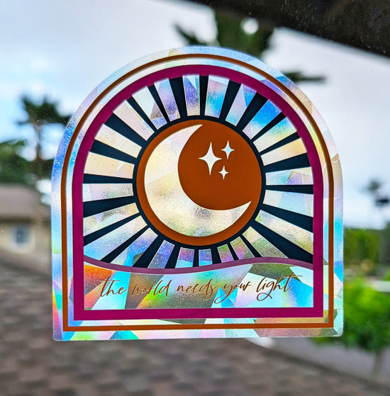 Sun & Moon Rainbow Suncatcher Sticker "The World Needs Your Light"